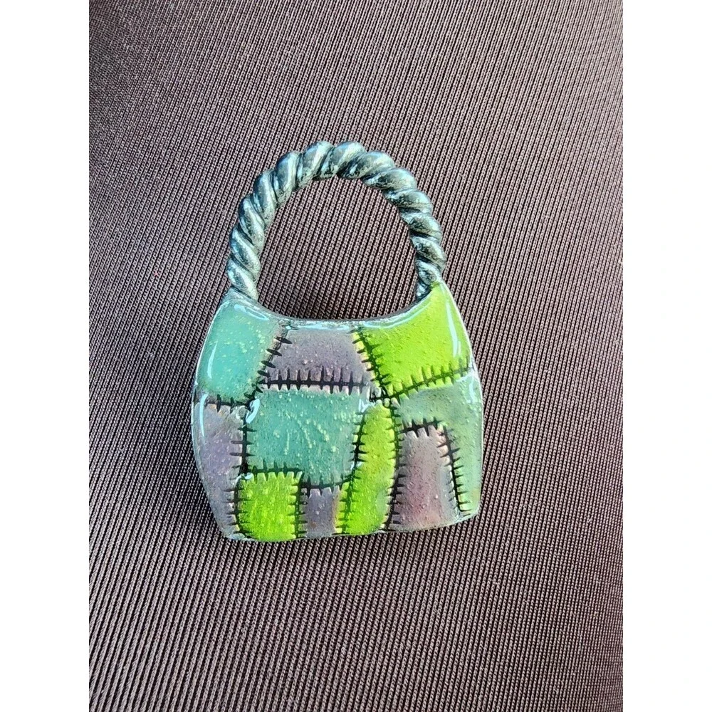 Vintage Signed AJMC Enamel Patchwork Purse Brooch Pin | Silver Tone Whimsical Ha